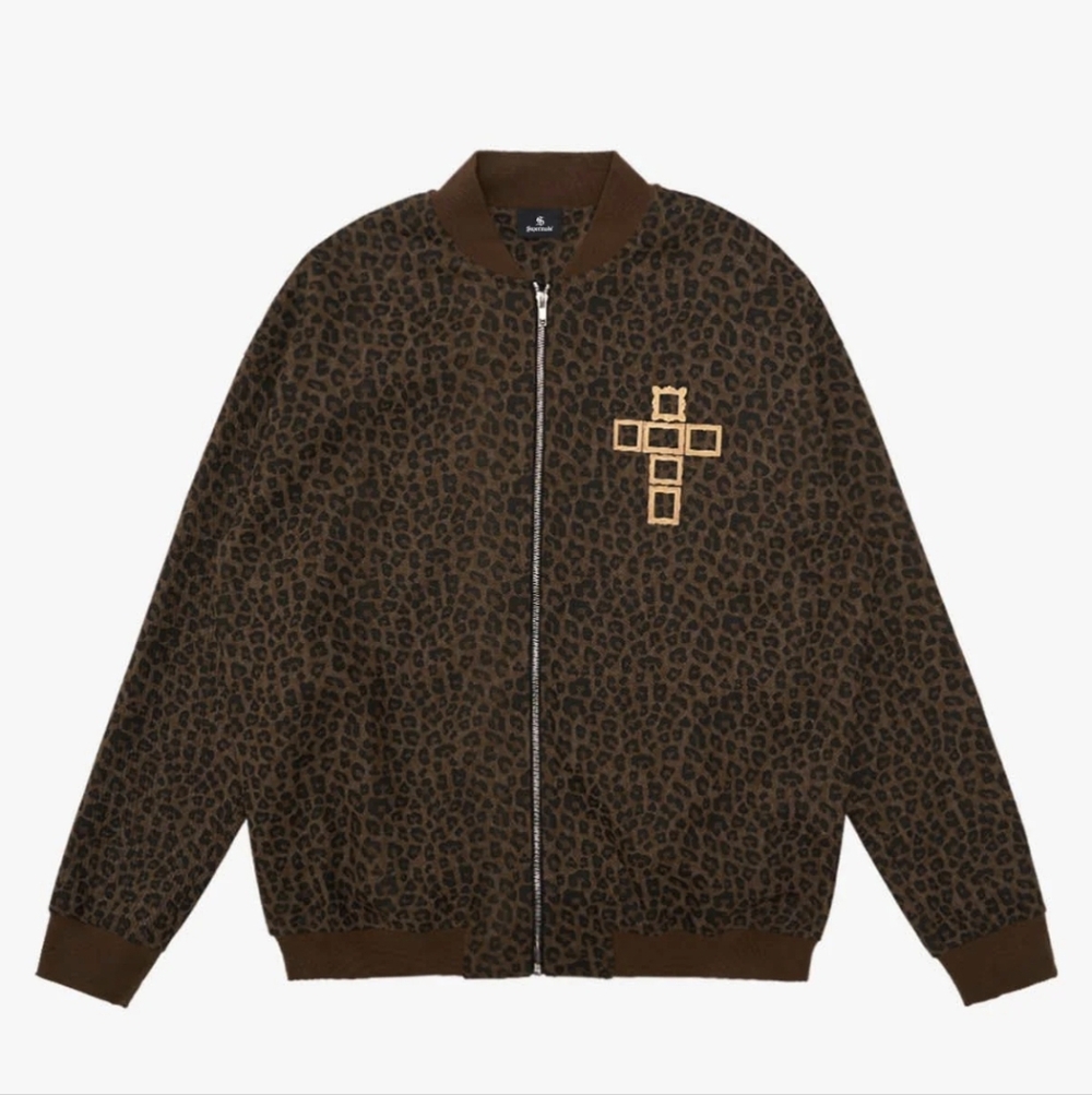NWOT Supermade Goth Leopard Print Bomber Jacket with Cross Detail (Size M)